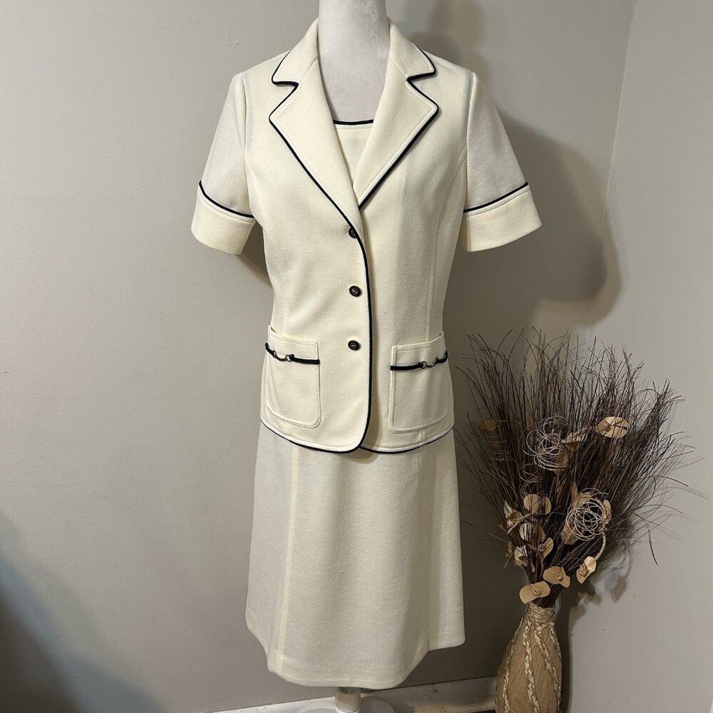 Vtg Butte Knit Women 2pc Knit Dress Suit Blazer Cream Blue Trim Midi Sz 14 Read